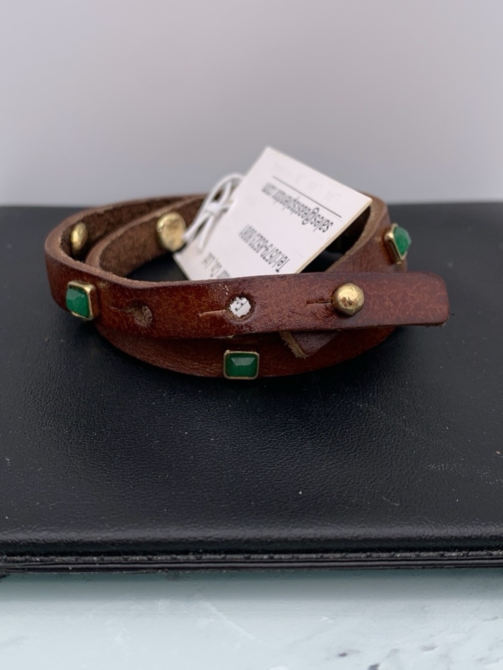 NWT Leather Wrap Bracelet with Green Stone Accents - Brown